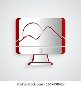 Paper cut Computer monitor screen icon isolated on grey background. Electronic device. Front view. Paper art style. Vector Illustration