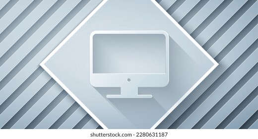 Paper cut Computer monitor screen icon isolated on grey background. Electronic device. Front view. Paper art style. Vector Illustration