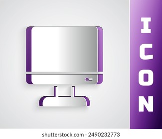 Paper cut Computer monitor screen icon isolated on grey background. Electronic device. Front view. Paper art style. Vector Illustration