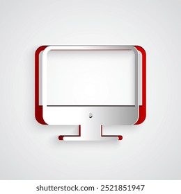 Paper cut Computer monitor screen icon isolated on grey background. Electronic device. Front view. Paper art style. Vector Illustration
