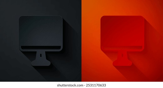 Paper cut Computer monitor screen icon isolated on black and red background. Electronic device. Front view. Paper art style. Vector