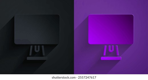 Paper cut Computer monitor screen icon isolated on black on purple background. Electronic device. Front view. Paper art style. Vector