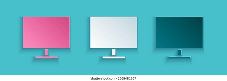 Paper cut Computer monitor screen icon isolated on blue background. Electronic device. Front view. Paper art style. Vector Illustration