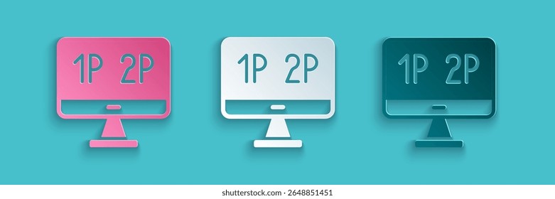 Paper cut Computer monitor screen icon isolated on blue background. Electronic device. Front view. Paper art style. Vector