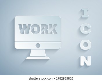 Paper cut Computer monitor with text work icon isolated on grey background. Paper art style. Vector Illustration
