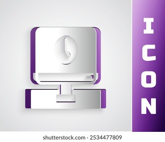 Paper cut Computer monitor time icon isolated on grey background. Electronic device. Front view. Paper art style. Vector