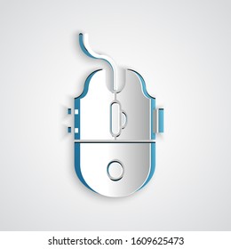 Paper cut Computer mouse gaming icon isolated on grey background. Optical with wheel symbol. Paper art style. Vector Illustration