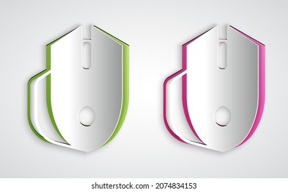 Paper cut Computer mouse gaming icon isolated on grey background. Optical with wheel symbol. Paper art style. Vector