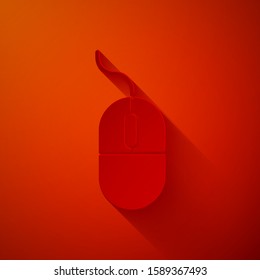 Paper cut Computer mouse icon isolated on red background. Optical with wheel symbol. Paper art style. Vector Illustration