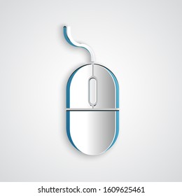 Paper Cut Computer Mouse Icon Isolated On Grey Background. Optical With Wheel Symbol. Paper Art Style. Vector Illustration