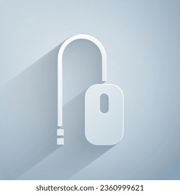 Recorte de papel Icono del ratón del ordenador aislado en el fondo gris. Óptico con el símbolo de la rueda. Estilo de arte de papel. Ilustración vectorial