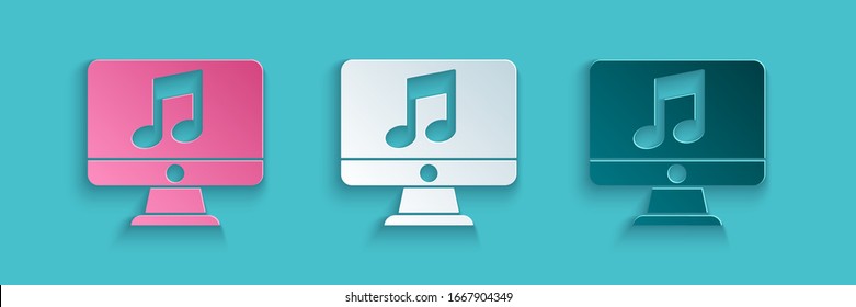 Paper cut Computer with music note symbol on screen icon isolated on blue background. Paper art style. Vector Illustration
