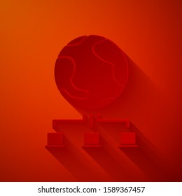 Paper cut Computer network icon isolated on red background. Online gaming. Laptop network. Internet connection. Paper art style. Vector Illustration
