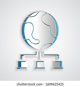 Paper cut Computer network icon isolated on grey background. Online gaming. Laptop network. Internet connection. Paper art style. Vector Illustration