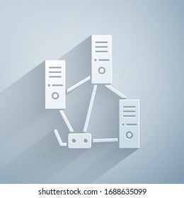 Paper cut Computer network icon isolated on grey background. Laptop network. Internet connection. Paper art style. Vector Illustration