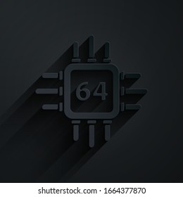 Paper cut Computer processor with microcircuits CPU icon isolated on black background. Chip or cpu with circuit board. Micro processor. Paper art style. Vector Illustration