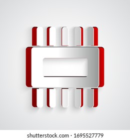 Paper cut Computer processor with microcircuits CPU icon isolated on grey background. Chip or cpu with circuit board. Micro processor. Paper art style. Vector Illustration