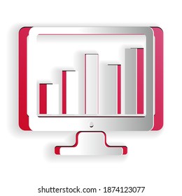 Paper cut Computer screen with financial charts and graphs icon isolated on white background. Chart bars and financial analytics. Paper art style. Vector.