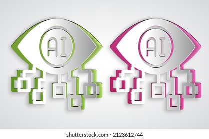 Paper cut Computer vision icon isolated on grey background. Technical vision, eye circuit, video surveillance system, augmented reality systems. Paper art style. Vector