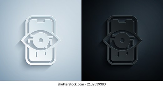 Recorte de papel Icono de visión de ordenador aislado en fondo gris y negro. Visión técnica, circuito ocular, sistema de videovigilancia, sistemas de realidad aumentada. Estilo de arte de papel. Vector