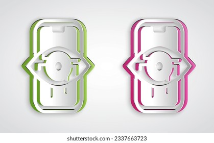 Paper cut Computer vision icon isolated on grey background. Technical vision, eye circuit, video surveillance system, augmented reality systems. Paper art style. Vector