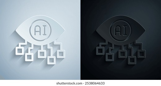 Paper cut Computer vision icon isolated on grey and black background. Technical vision, eye circuit, video surveillance system, augmented reality systems. Paper art style. Vector