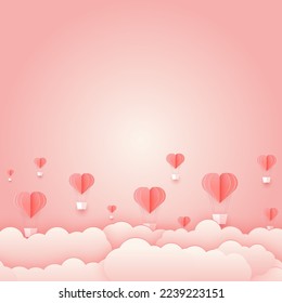 Paper cut concept Balloon flying on the sky. Vector art and illustration of love and valentine, Digital paper craft style. Paper art of pink background. for Happy Women's, Mother's, Valentine's Day,