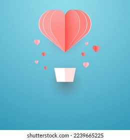 Paper cut concept Balloon flying on the sky. Vector art and illustration of love and valentine, Digital paper craft style. Paper art of pink background. for Happy Women's, Mother's, Valentine's Day,
