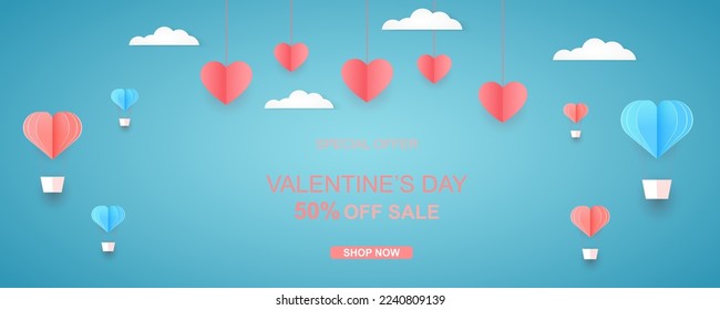 Paper cut concept Balloon flying on the sky. Vector art and illustration of love and valentine, Digital paper craft style. Paper art of pink background. for Happy Women's, Mother's, Valentine's Day,
