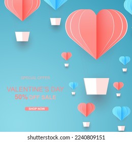 Paper cut concept Balloon flying on the sky. Vector art and illustration of love and valentine, Digital paper craft style. Paper art of pink background. for Happy Women's, Mother's, Valentine's Day,