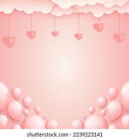Paper cut concept Balloons on the sky. Vector art and illustration of love and valentine, Digital paper craft style. Paper art of pink background. for Happy Women's, Mother's, Valentine's Day,