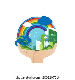 Paper cut concept of eco with hand and environment conservation. earth day and world environment day. vector design.