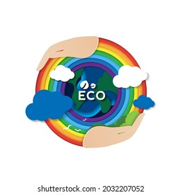Paper cut concept of eco with hand and environment conservation. earth day and world environment day. vector design.