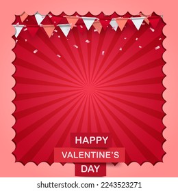 Paper cut concept Flags Garlands on sunburst. Vector art and illustration of love and valentine, Digital paper craft style. Paper art of pink background. for Happy Women's, Mother's, Valentine's Day,