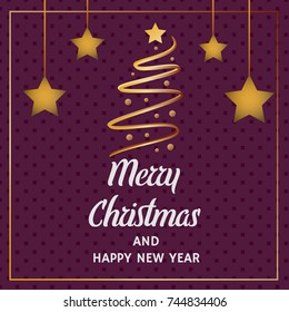 Paper cut concept : Merry Christmas and Happy New Year greeting card with gold Christmas tree and stars. Vector illustration design. 