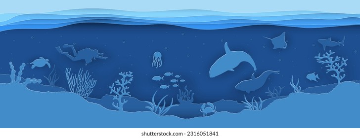 Paper cut  concept of world oceans day with underwater sea cave and fishes.Paper cut style vector illustration.