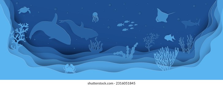 Papier schneiden Konzept der Weltmeere Tag mit Unterwasserhöhle und Fische.Papier Schneide Stil Vektorgrafik.
