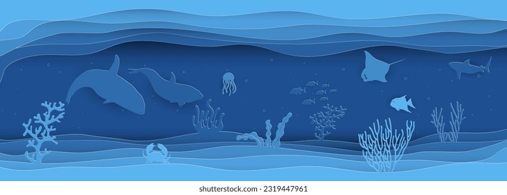 Paper cut  concept of world oceans day with underwater sea cave and fishes.Paper cut style vector illustration.