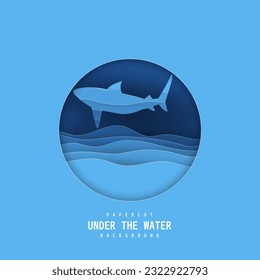 Paper cut  concept of world oceans day with underwater sea cave and fishes.Paper cut style vector illustration.