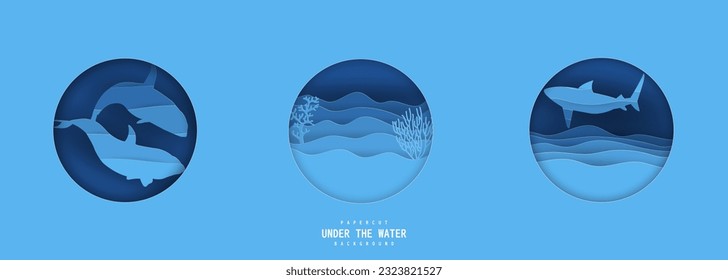 Paper cut  concept of world oceans day with underwater sea cave and fishes.Paper cut style vector illustration.