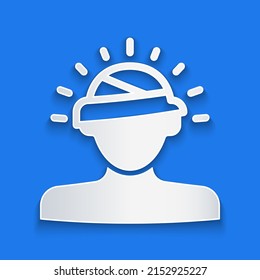 Paper Cut Concussion, Headache, Dizziness, Migraine Icon Isolated On Blue Background. Paper Art Style. Vector