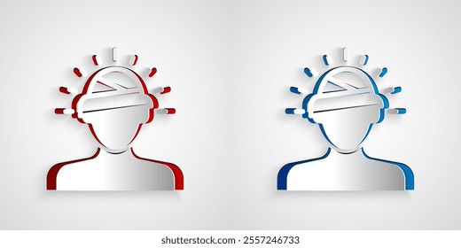 Paper cut Concussion, headache, dizziness, migraine icon isolated on grey background. Paper art style. Vector