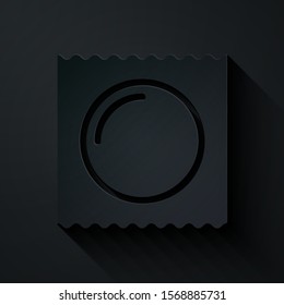 Paper cut Condom in package safe sex icon isolated on black background. Safe love symbol. Contraceptive method for male. Paper art style. Vector Illustration