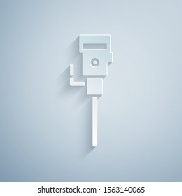 Paper cut Construction jackhammer icon isolated on grey background. Paper art style. Vector Illustration