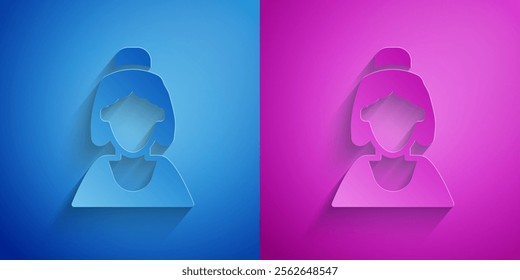 Paper cut Consultant seller of a jewelry store icon isolated on blue and purple background. Paper art style. Vector