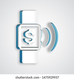 Paper cut Contactless payment icon isolated on grey background. Smartwatch with nfc technology making wireless contactless transactions. Paper art style. Vector Illustration