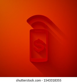 Paper cut Contactless payment icon isolated on red background. Mobile wallet technology, nfc, wireless payment with smartphone. Paper art style. Vector Illustration