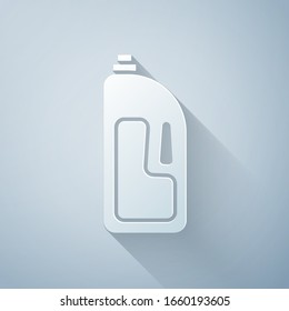 Paper cut Container with drain cleaner icon isolated on grey background. Detergent in plastic bottle. Paper art style. Vector Illustration
