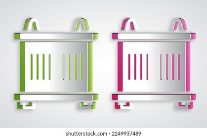 Paper cut Container icon isolated on grey background. Crane lifts a container with cargo. Paper art style. Vector
