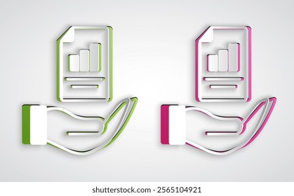 Paper cut Contract in hand icon isolated on grey background. Insurance concept. Security, safety, protection, protect concept. Paper art style. Vector